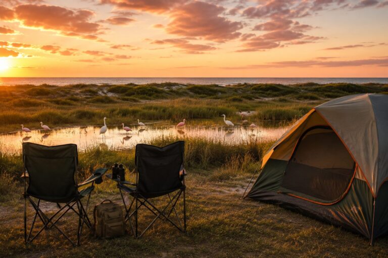 Campsite at Galveston Island State Park with marsh views and Gulf Coast wildlife at golden hour