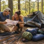 First-time campers setting up a tent with beginner camping gear in Southeast Texas
