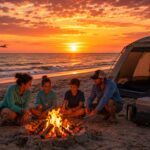 Family campsite on the Gulf Coast Texas beach at sunset with campfire and fishing rod