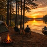 Campsite on the shore of Sam Rayburn Reservoir in Angelina National Forest in East Texas