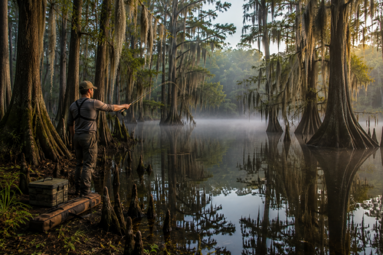 Fisherman casting into a cypress cove on B.A. Steinhagen Lake in the East Texas Piney Woods