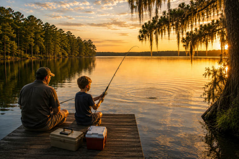 Father and child fishing from a pier on Lake Livingston at golden hour in Southeast Texas