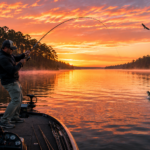 Bass fisherman fighting a jumping largemouth bass on Sam Rayburn Reservoir at sunrise in East Texas