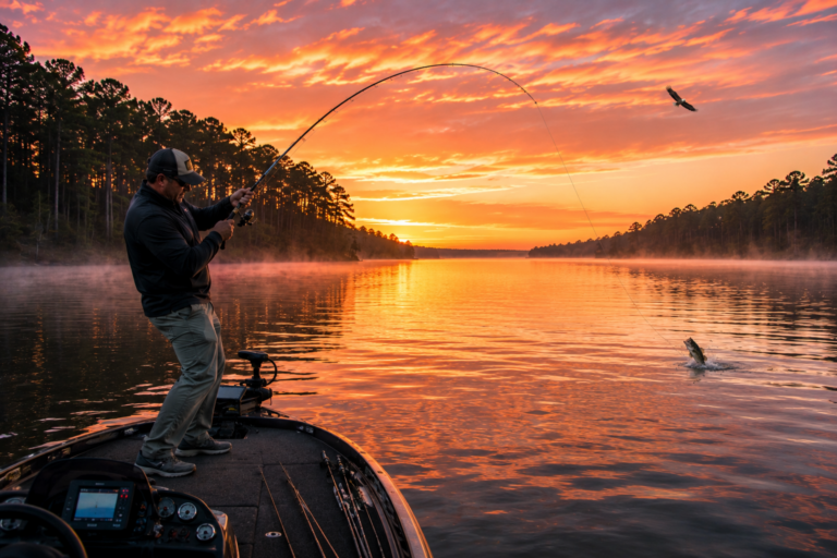 Bass fisherman fighting a jumping largemouth bass on Sam Rayburn Reservoir at sunrise in East Texas