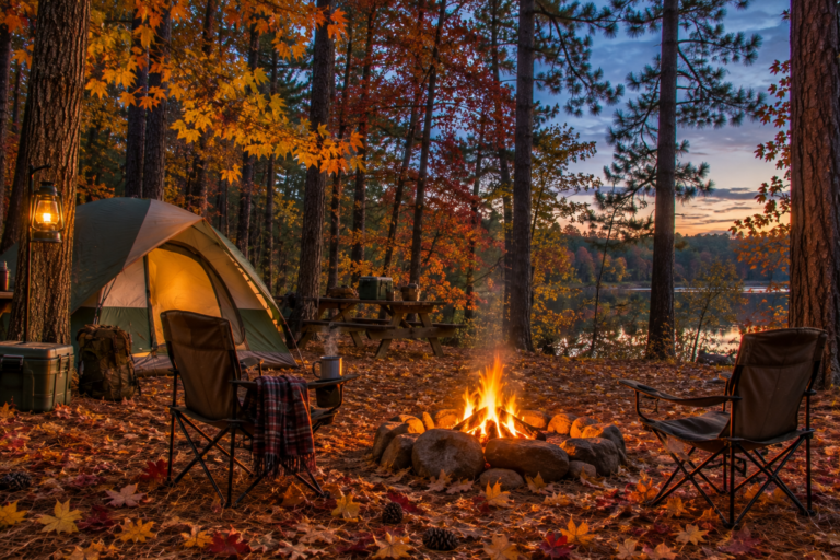 Fall campsite in the Southeast Texas Piney Woods with autumn leaves and campfire at dusk